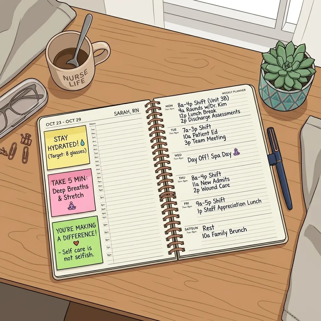 Nurse's personal stress management planner with wellness goals, boundaries, and daily self-care routines mapped out