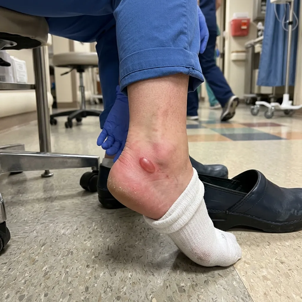 Close-up of a painful blister on a nurse's heel caused by breaking in new nursing shoesImage 3 — Why Breaking In Matters Section
Placement: After the paragraph about nurses walking 4–5 miles per shift.
Prompt: nurse walking fast down hospital hallway carrying medical equipment, motion blur, long corridor
Alt Text: A nurse walking briskly down a hospital hallway during a busy 12-hour shift, illustrating the physical demands on footwearImage 4 — Understanding Why New Shoes Cause Blisters
Placement: After the "Common Blister Locations and Their Causes" subheading.
Prompt: diagram of human foot showing blister hotspot locations — heel, ball of foot, toes, achilles area, labeled anatomy illustration
Alt Text: Illustrated diagram of a foot showing the most common blister locations in new nursing shoes including the heel, ball of foot, and toesImage 5 — Method 1: The Gradual Wear Schedule
Placement: After the "Step-by-Step Implementation" header for Method 1.
Prompt: nurse wearing new shoes at home while doing household chores, casual home setting, break-in process
Alt Text: A nurse wearing new nursing shoes at home during the gradual break-in schedule to avoid blisters at workImage 6 — Method 2: The Thick Sock Technique
Placement: After the "How It Works" paragraph for Method 2.
Prompt: pair of thick wool hiking socks next to white nursing shoes on wooden floor, break-in technique
Alt Text: Thick wool socks placed next to a pair of white nursing shoes as part of the thick sock break-in techniqueImage 7 — Method 3: Strategic Heat Application
Placement: After the "Method A: Hairdryer Technique" steps.
Prompt: person using hairdryer to heat the heel area of a leather nursing shoe, break-in technique, close-up
Alt Text: A person applying heat from a hairdryer to the heel of a leather nursing shoe to soften the material during break-inImage 8 — Method 4: The Freezer Bag Expansion Method
Placement: After the "Materials Needed" list.
Prompt: water-filled plastic ziplock bags inside a pair of nursing shoes placed in a freezer, shoe stretching method
Alt Text: Water-filled freezer bags inserted inside nursing shoes placed in a freezer to stretch the toe box overnightImage 9 — Method 5: Targeted Leather Conditioning
Placement: After the "The Application Process" steps.
Prompt: person applying leather conditioner with a soft cloth to a brown leather nursing clog, shoe care routine
Alt Text: Applying leather conditioner to a nursing clog with a soft cloth to soften the material during the break-in processImage 10 — Method 6: The Two-Shoe Rotation System
Placement: After the "Shift Pattern (12-Hour Example)" schedule.
Prompt: two pairs of nursing shoes side by side in an open hospital locker — one new, one worn-in, nurse locker room
Alt Text: Two pairs of nursing shoes stored in a hospital locker for use in a rotation system to break in new shoes without blistersImage 11 — Blister Prevention Strategies Section
Placement: After the "Strategic Sock Selection" subsection.
Prompt: flat lay of blister prevention supplies — moleskin pads, Body Glide stick, compression socks, athletic tape, hydrocolloid patches on white background
Alt Text: Flat lay of blister prevention products including moleskin, anti-friction stick, and hydrocolloid patches for nurses breaking in new shoesImage 12 — What to Do If You Develop Blisters Section
Placement: After the "For Intact Blisters (Not Popped)" heading.
Prompt: nurse applying hydrocolloid blister dressing to heel, close-up of hands and foot, medical care setting
Alt Text: A nurse applying a hydrocolloid dressing to a blister on her heel to protect it during a hospital shiftQuick Reference Summary
#SectionImage Subject1Hero/TitleNurse in hallway wearing new shoes2IntroductionBlister on nurse's heel3Why It MattersNurse walking fast in hospital4Blister LocationsFoot anatomy diagram with hotspots5Method 1Nurse wearing shoes at home6Method 2Thick socks next to nursing shoes7Method 3Hairdryer on shoe heel8Method 4Freezer bags inside shoes in freezer9Method 5Applying leather conditioner10Method 6Two pairs of shoes in locker11Prevention StrategiesBlister prevention products flat lay12Managing BlistersApplying hydrocolloid dressing to heel
These images are spaced throughout the article to support every major section, improve visual engagement, and target relevant search queries for image SEO. Each alt text is descriptive and keyword-relevant for the article's topic.
