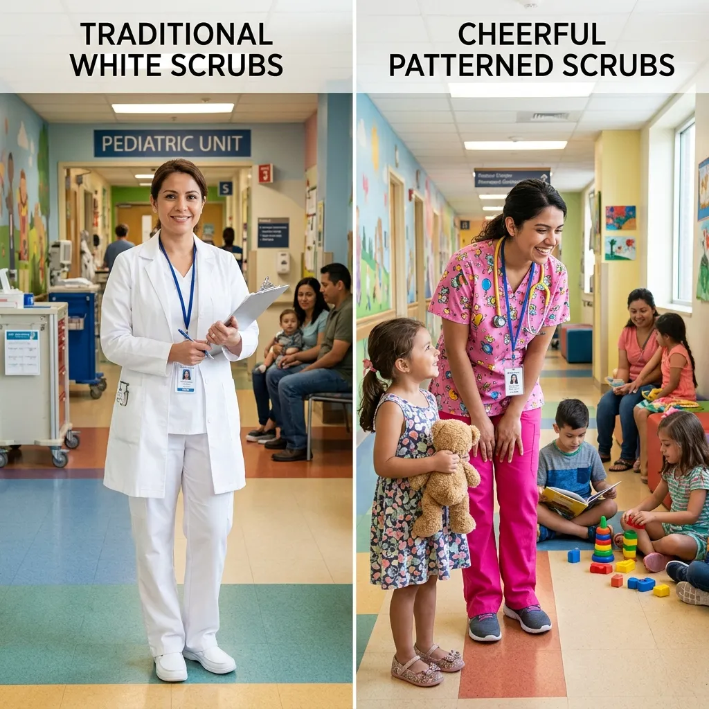 Side-by-side comparison of a nurse in white scrubs versus colorful patterned scrubs in a pediatric hospital hallway