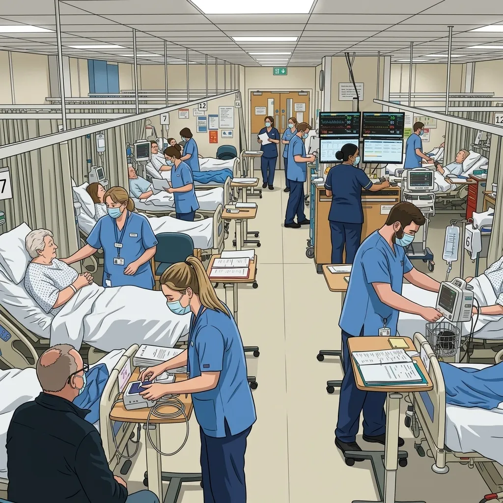 Nurses managing heavy patient workloads in a busy hospital ward, a key source of occupational stress