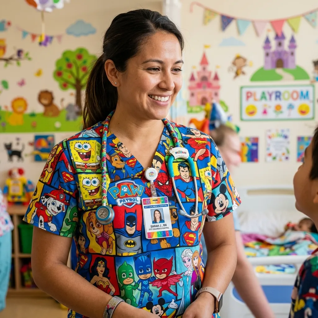 Close-up of a pediatric nurse's scrub top featuring colorful superhero and cartoon character prints