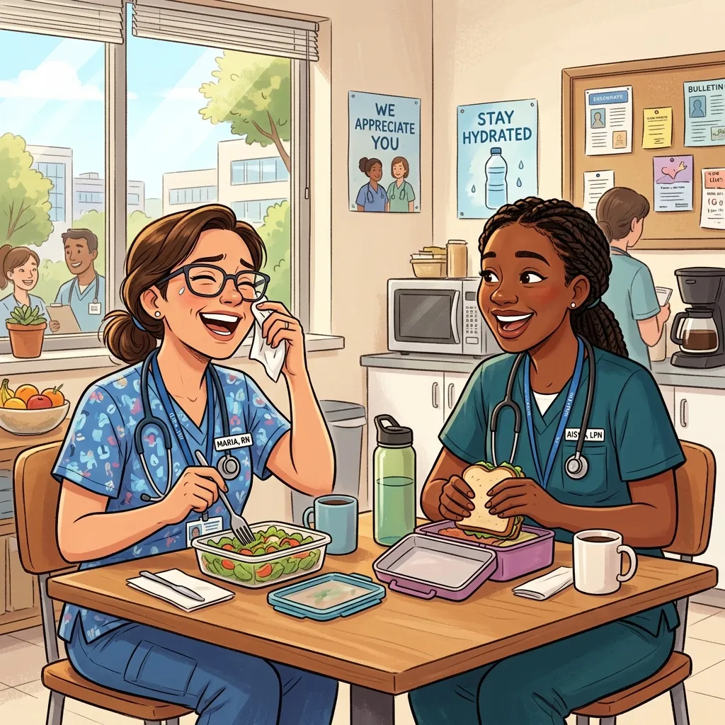 Two nurses bonding during a meal break, illustrating the importance of social support in nursing