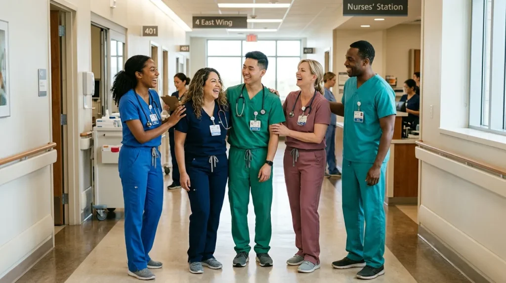 A group of nurses supporting each other and smiling together in a hospital setting, representing teamwork and collective wellness