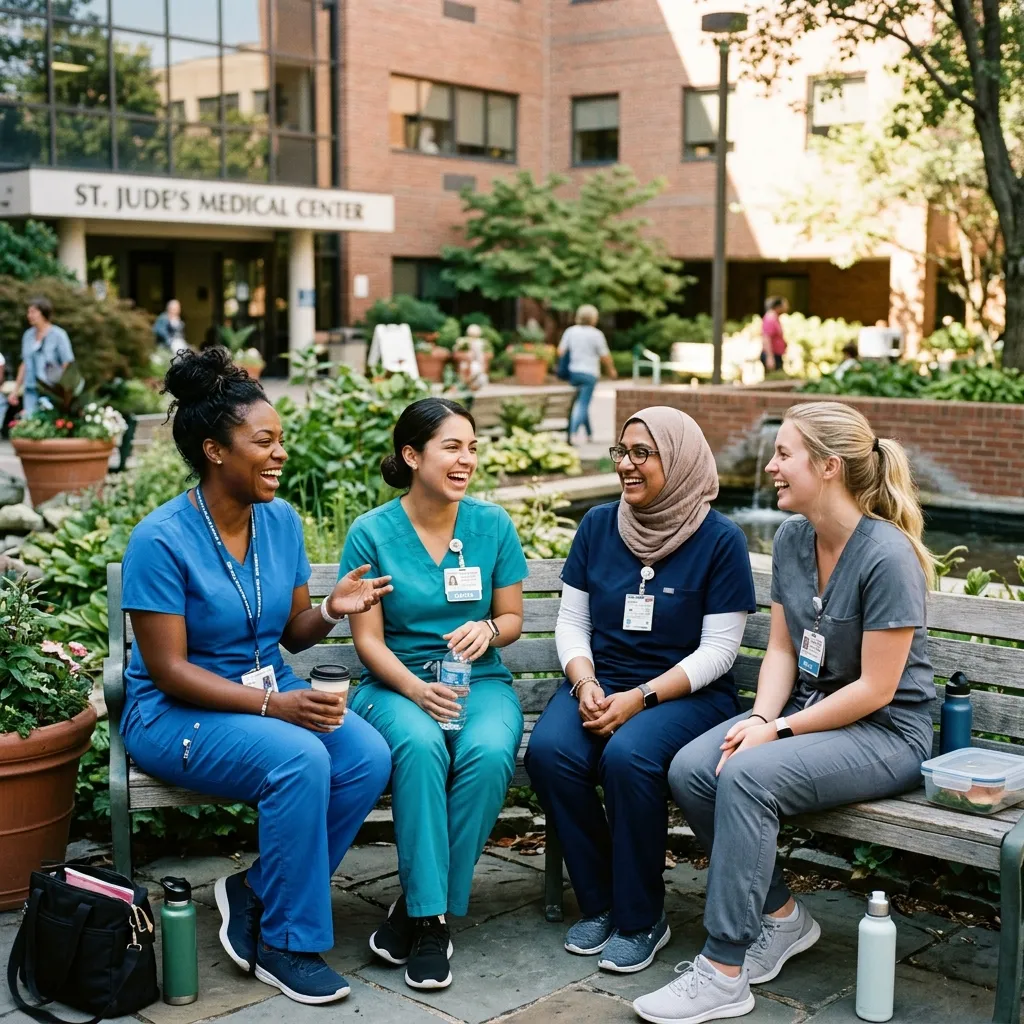 Group of nurses laughing and connecting during a break, demonstrating the importance of peer support in healthcare