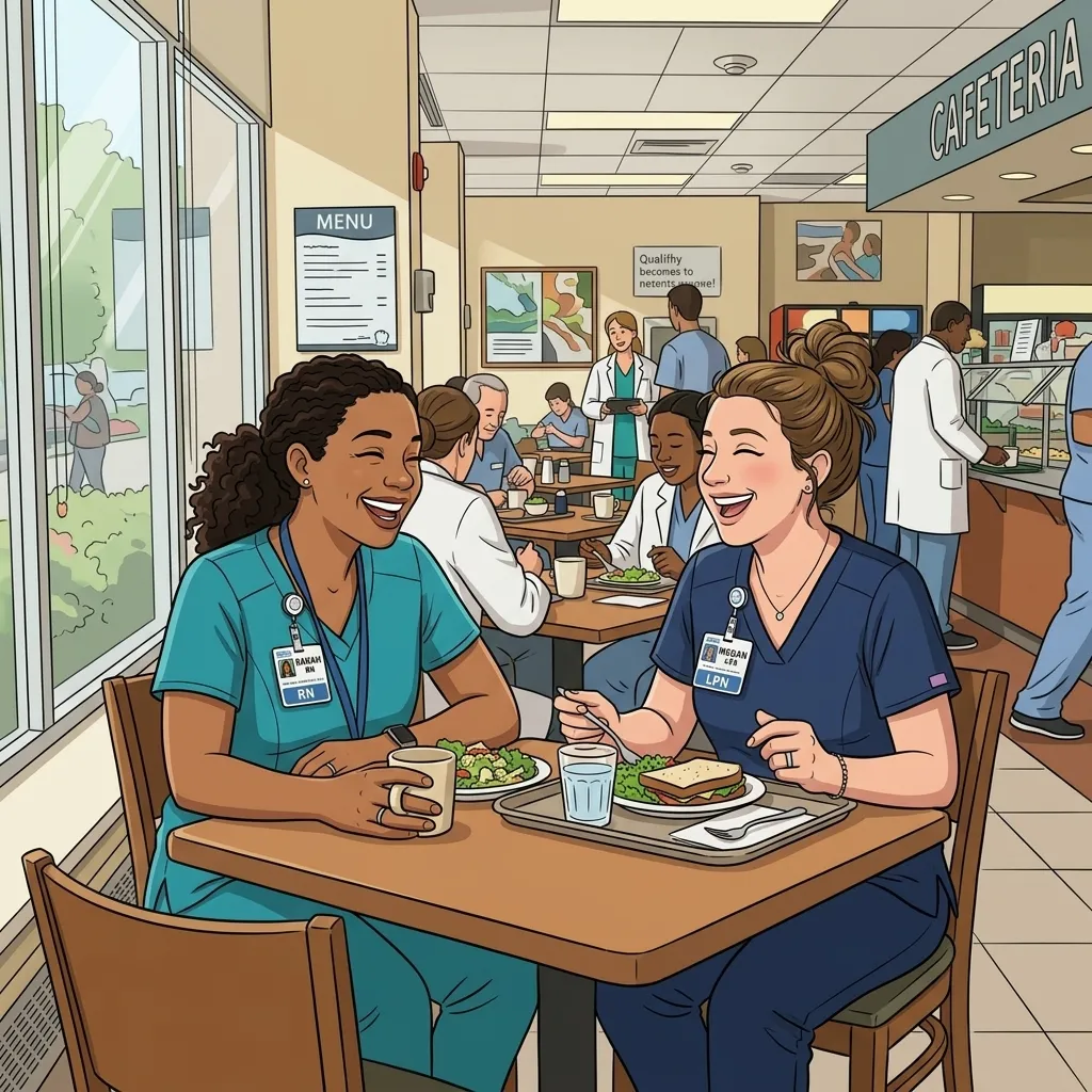 Nurses connecting and supporting each other during a lunch break, demonstrating the importance of peer social support