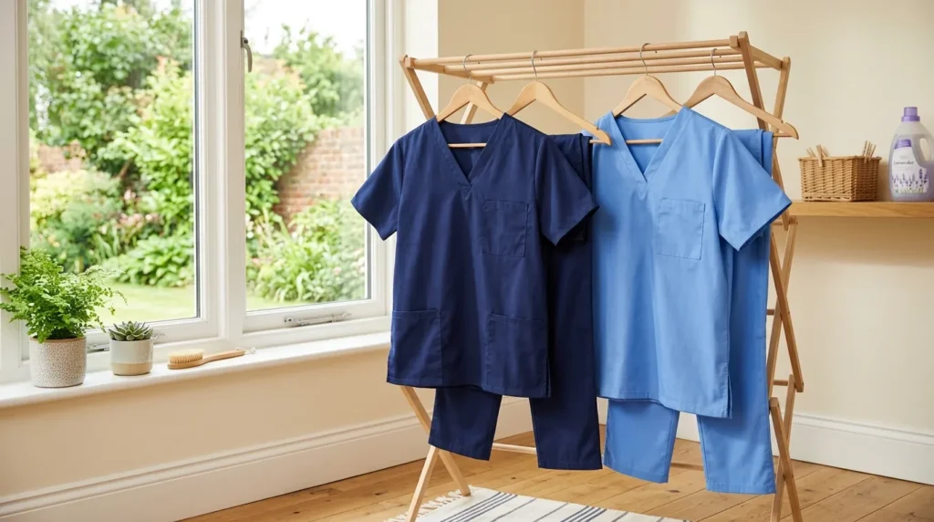 Nursing scrubs air drying on a rack to preserve fabric quality and color