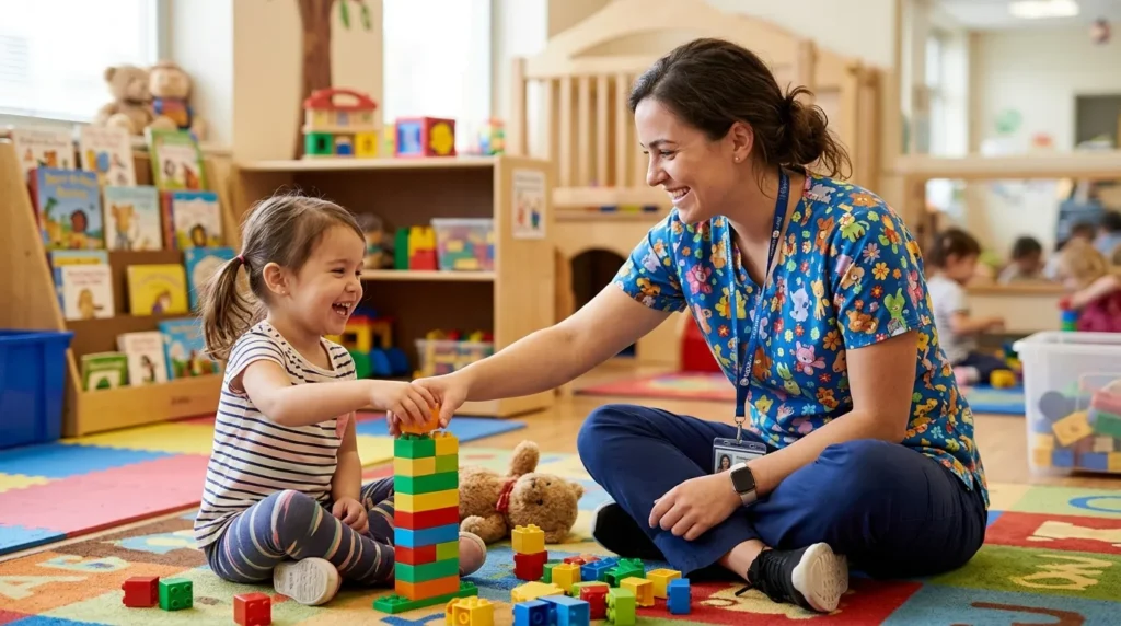 Pediatric nurse in colorful patterned scrubs playing with a child patient on the floor