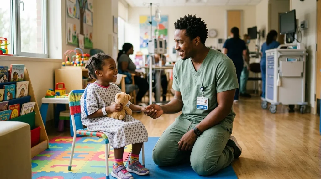 Pediatric nurse in soft organic cotton scrubs kneeling to comfort a young child patient