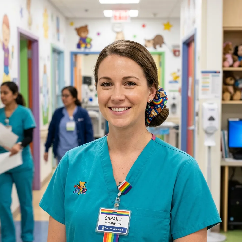 Pediatric nurse with hair neatly secured in a low bun using a colorful scrunchie, wearing teal scrubs