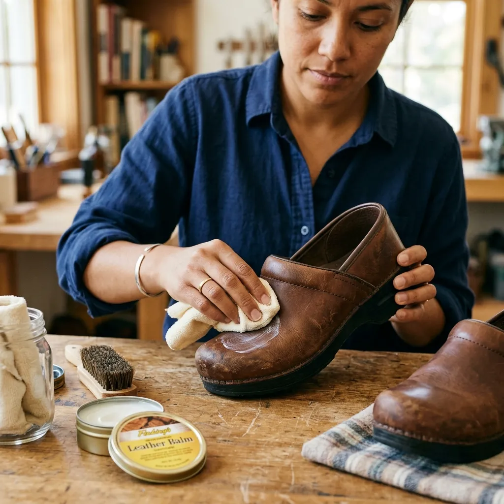 Applying leather conditioner to a nursing clog with a soft cloth to soften the material during the break-in process
