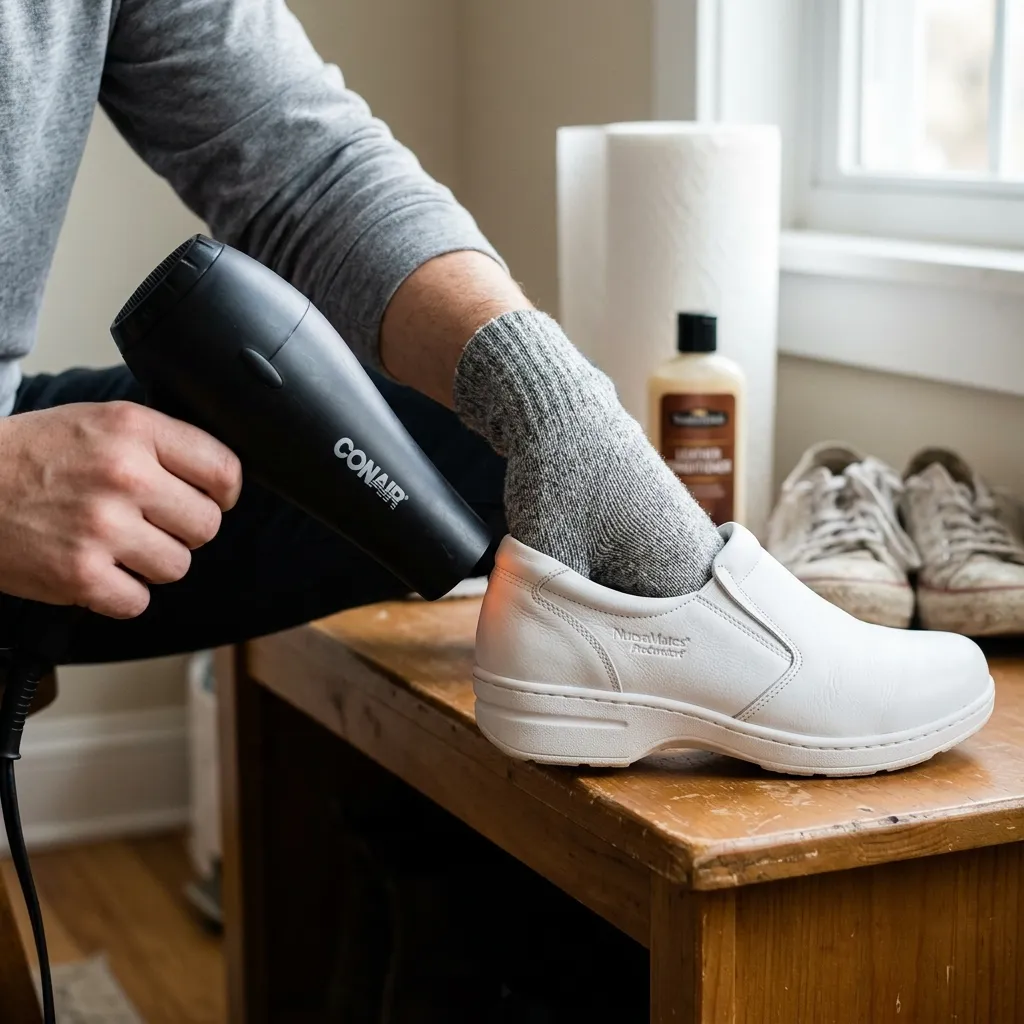 A person applying heat from a hairdryer to the heel of a leather nursing shoe to soften the material during break-in