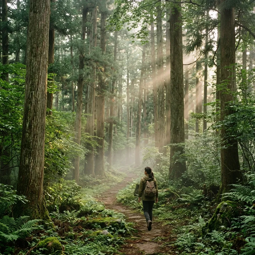 Person practicing forest bathing (shinrin-yoku) by walking mindfully through a lush green forest