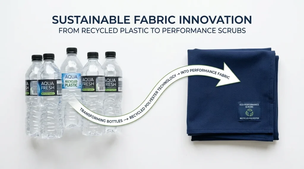 Recycled plastic bottles being transformed into scrub fabric, illustrating sustainable textile production