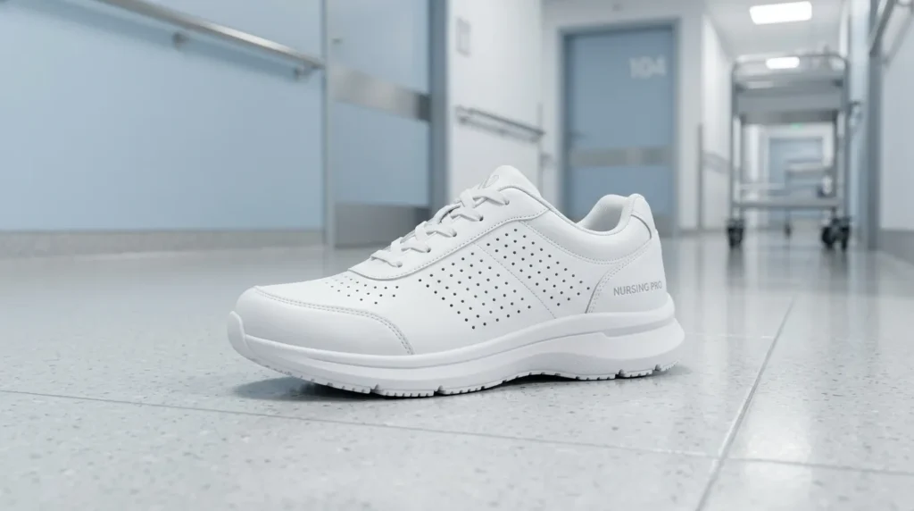 STAND+ Frontline-style white waterproof nursing shoe with ventilated sides on a clean surface