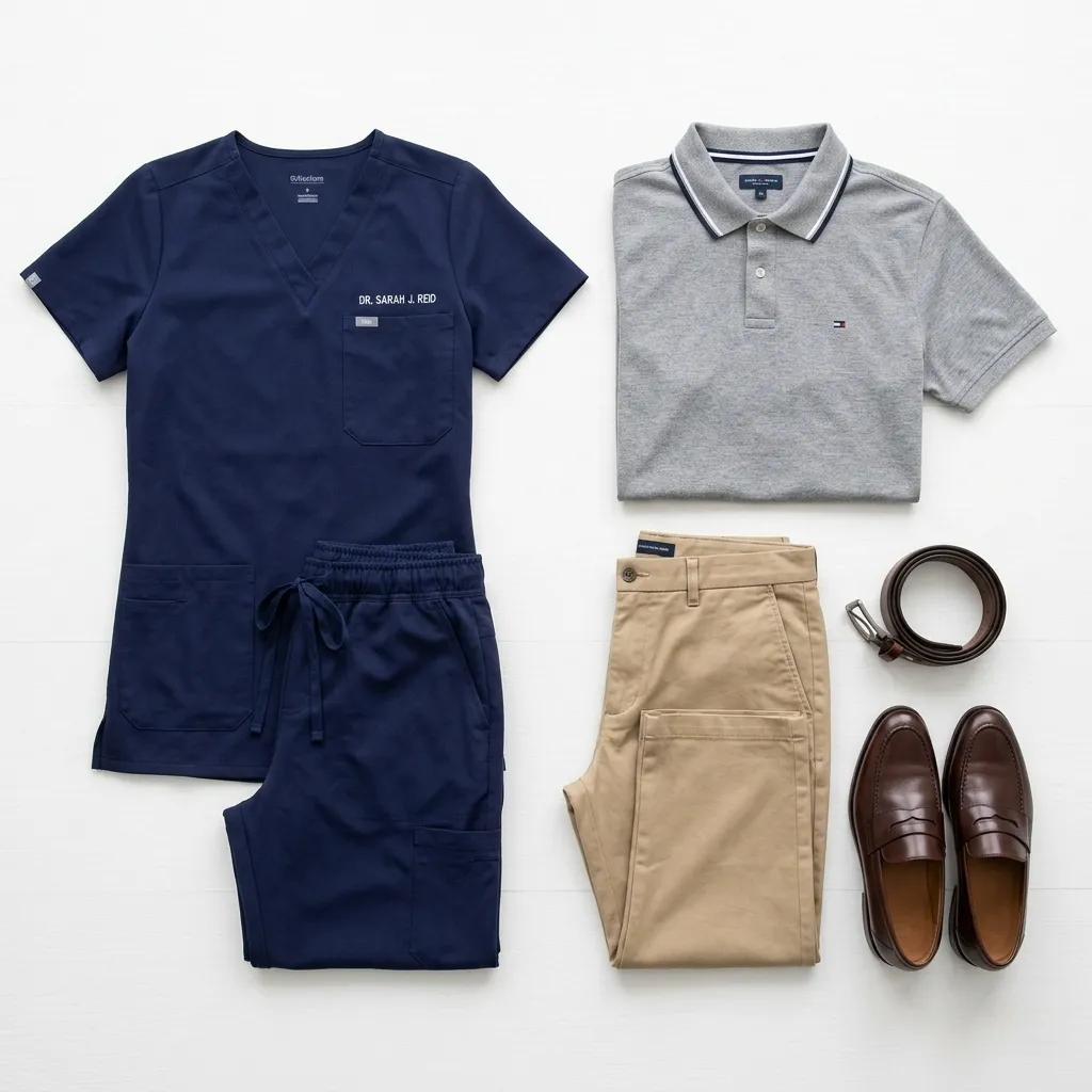 side-by-side comparison of scrubs versus business casual attire options for home health nurses