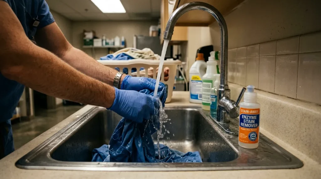 Scrubs being rinsed under cold water for stain removal after a hospital shift