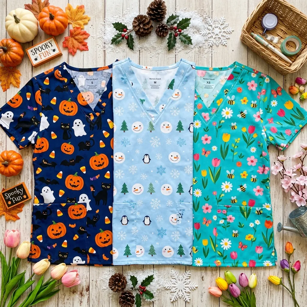 Collection of seasonal pediatric nursing scrub tops featuring Halloween, winter, and spring holiday themes