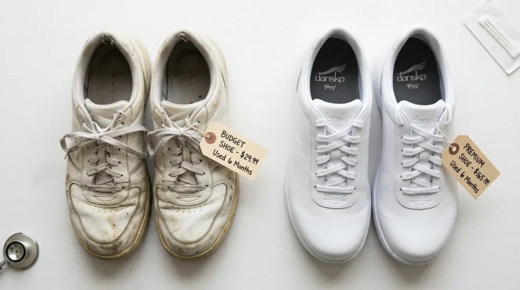 Side-by-side comparison of budget and premium waterproof nursing shoes showing wear difference after months of use