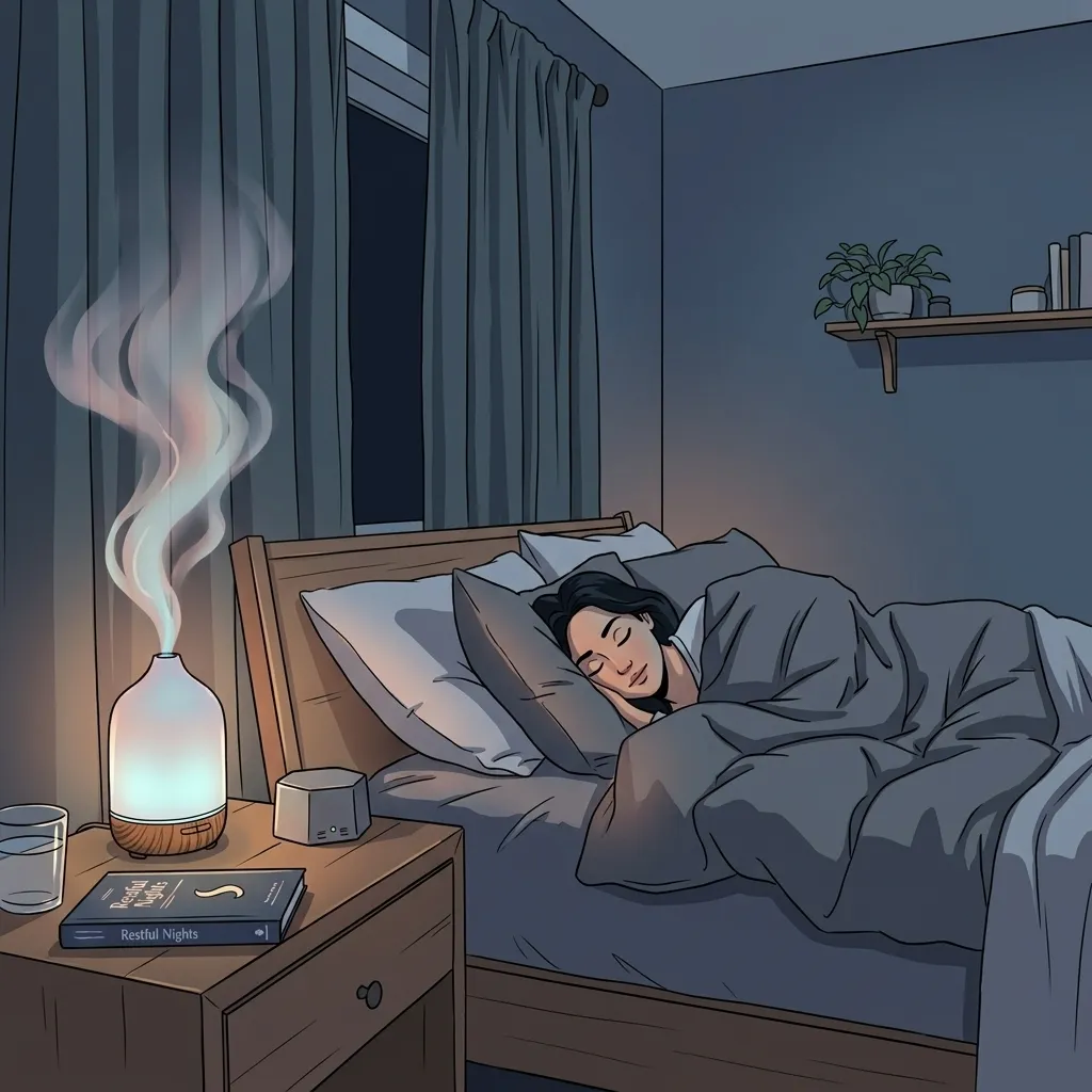 Optimized sleep environment for shift workers featuring blackout curtains, white noise machine, and lavender aromatherapy