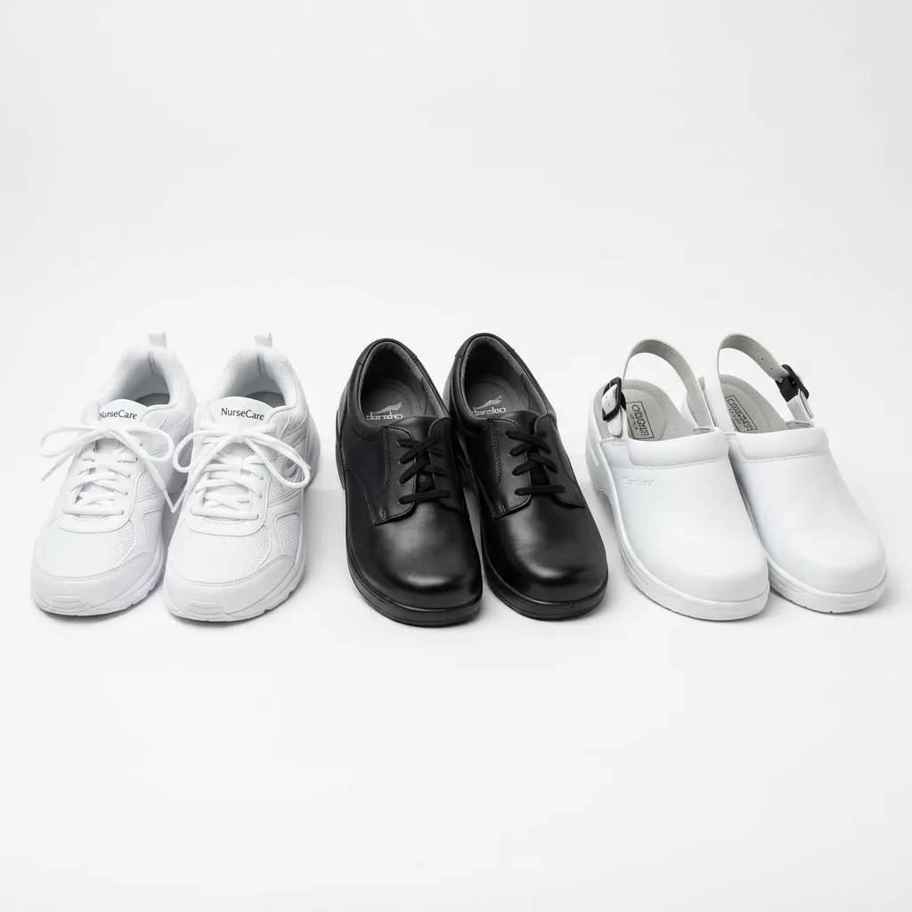 three types of professional nursing footwear options for home health nurses — athletic shoes, leather shoes, and clogs