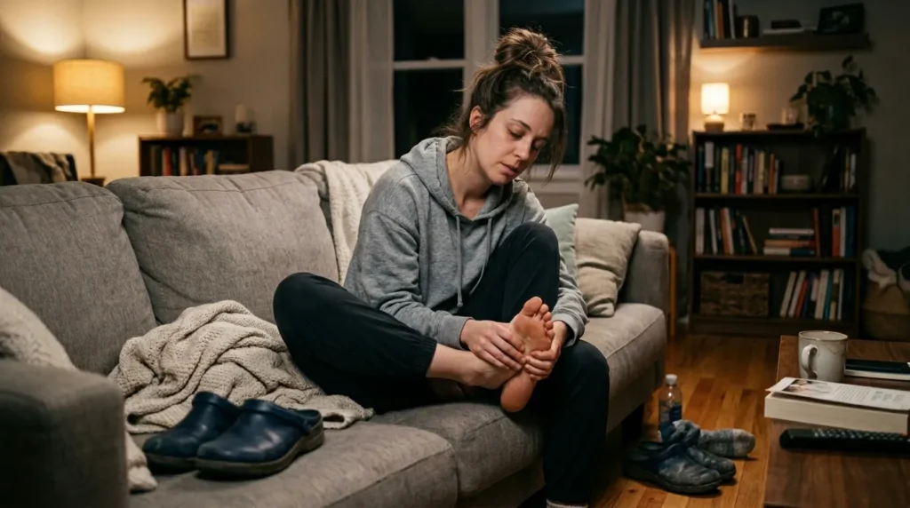 Tired nurse massaging her feet at home after a 12-hour shift, highlighting the physical toll of nursing work