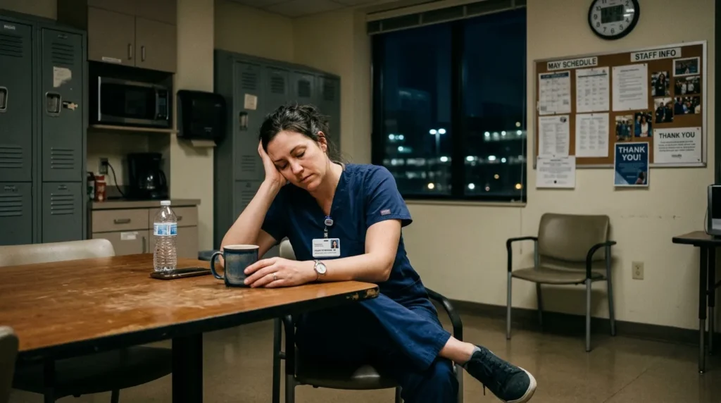 An exhausted nurse sitting in a break room, head resting on hand, showing signs of burnout and fatigue