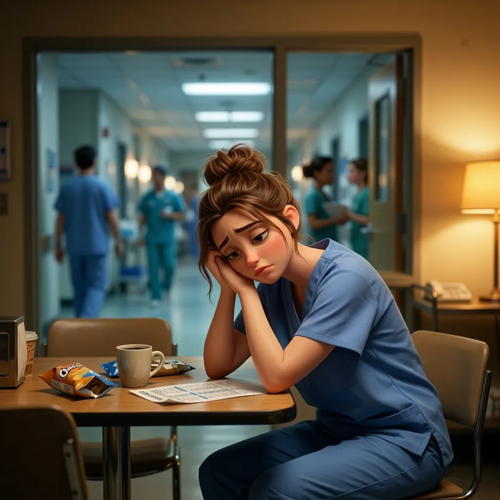 Exhausted nurse experiencing burnout sitting in a hospital break room