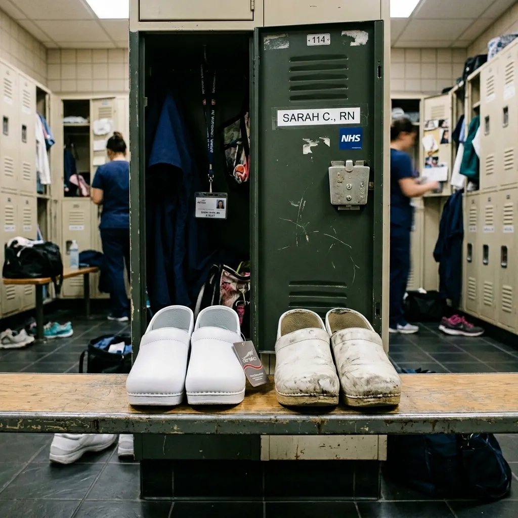 Two pairs of nursing shoes stored in a hospital locker for use in a rotation system to break in new shoes without blisters