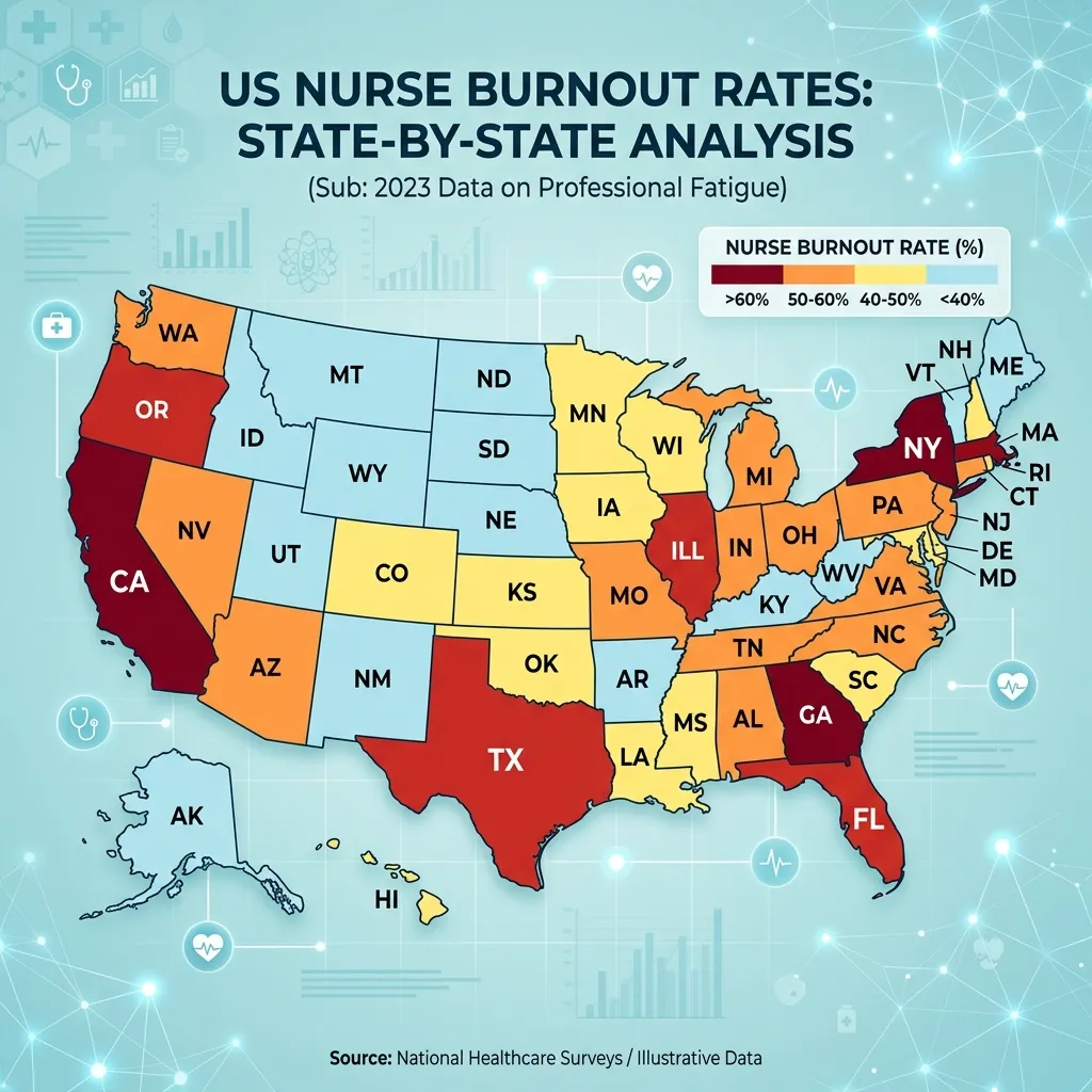 US map showing geographic variations in nurse burnout rates by state