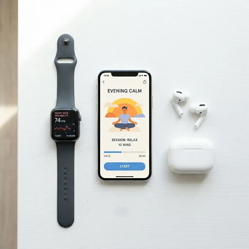 Wellness technology tools including a smartwatch and meditation app used by nurses to manage job-induced stress