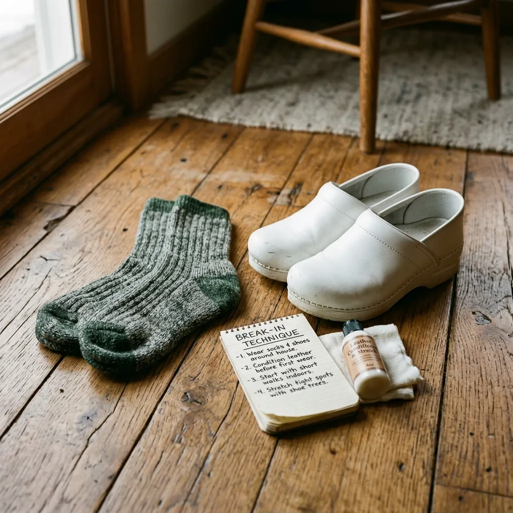 Thick wool socks placed next to a pair of white nursing shoes as part of the thick sock break-in technique