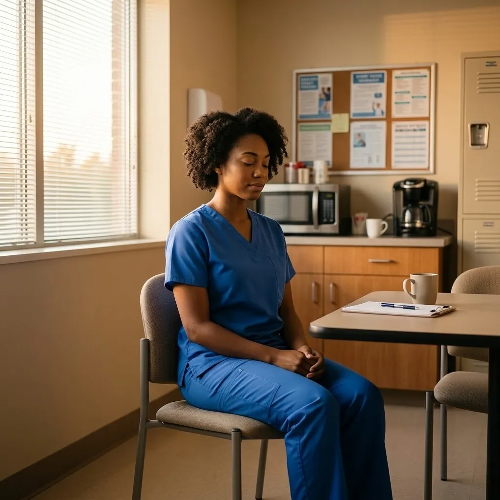 A nurse in scrubs sitting quietly in a hospital break room, reflecting and taking a moment of calm during a long shift