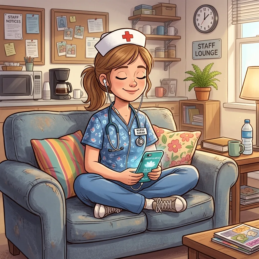 Nurse practicing a short mindfulness meditation session during a break using a wellness app