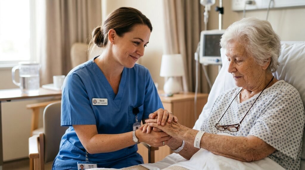 A nurse holding a patient’s hand – representing the irreplaceable human element of care