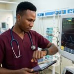 ICU nurse monitoring patient vital signs using a smartwatch reminder system