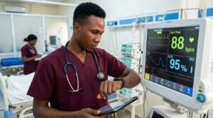 ICU nurse monitoring patient vital signs using a smartwatch reminder system