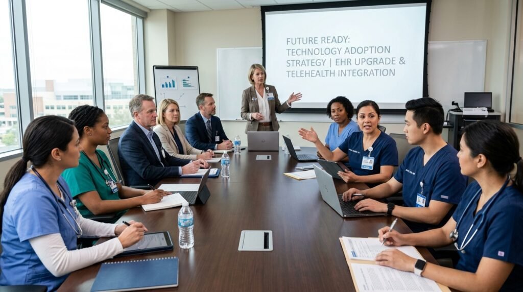 Hospital management team and nurses in a meeting discussing technology adoption