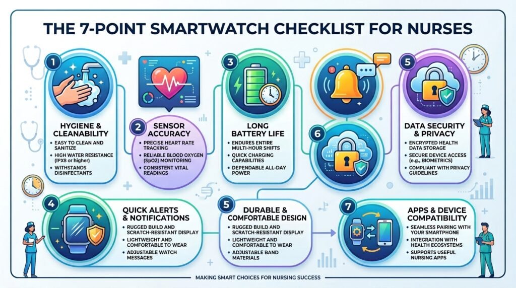 Infographic showing seven key features nurses should check before buying a smartwatch.