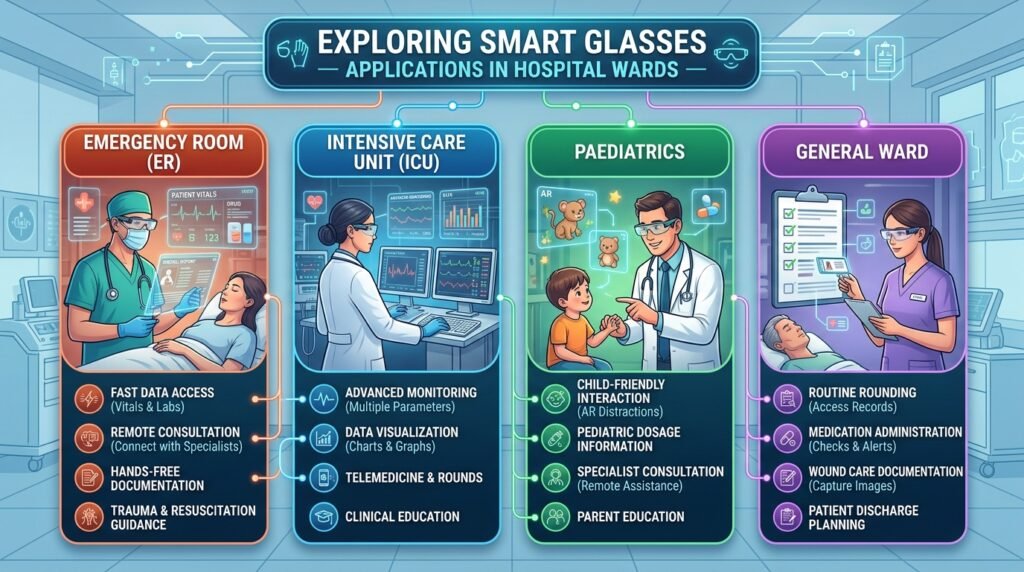 Infographic showing smart glasses use across ER, ICU, Paediatrics, and General Ward