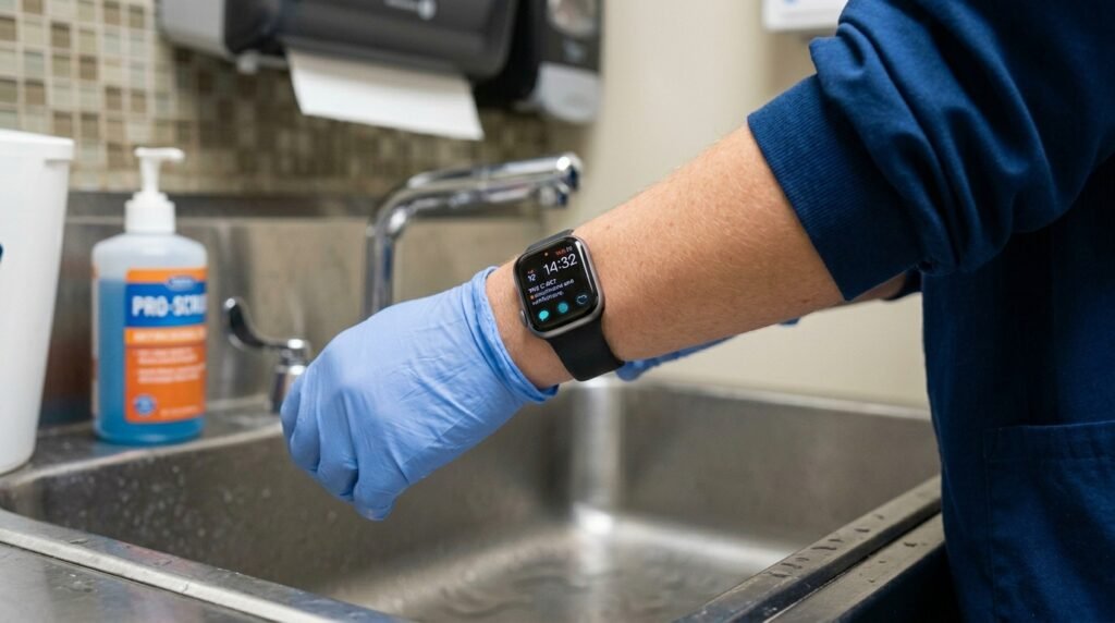 Nurse handwashing with smartwatch above wrist — infection control compliance