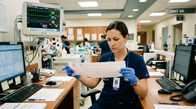12-lead ECG interpretation for nurses showing cardiac rhythm strips on monitor