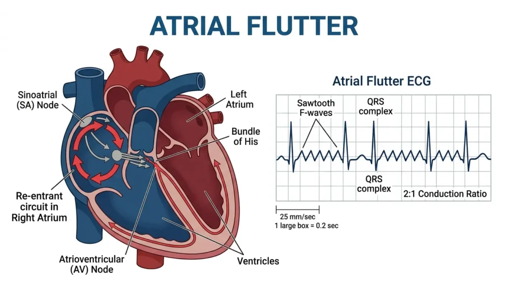 Atrial Flutter ecg with the antomical heart
