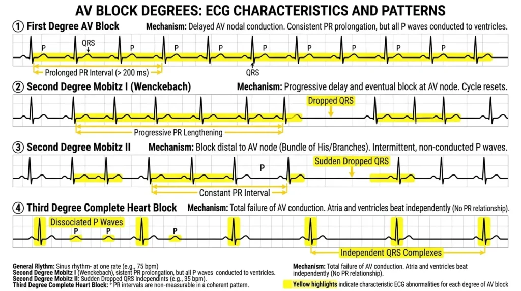 Comparison ECG strips showing first degree, second degree Mobitz I, second degree Mobitz II, and third degree complete heart block