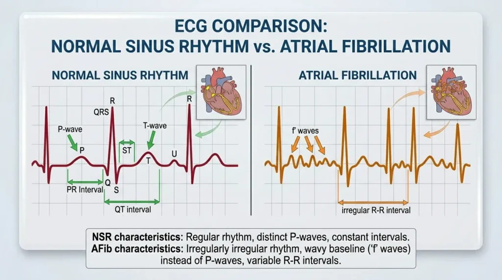 Diagram comparing normal sinus rhythm and atrial fibrillation waveform pattern on Apple Watch ECG