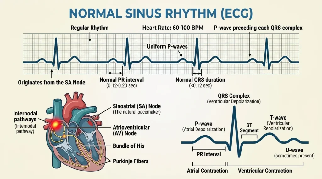 Diagram of the cardiac conduction system showing SA node, AV node, Bundle of His, and Purkinje fibers