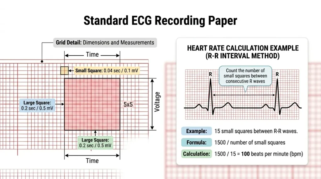 ECG paper grid showing small and large squares with time and voltage measurements explained