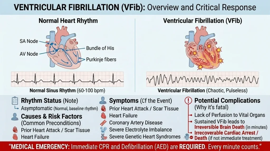 ECG strip comparison showing ventricular tachycardia with wide QRS complexes versus ventricular fibrillation with chaotic waveform
Prompt: