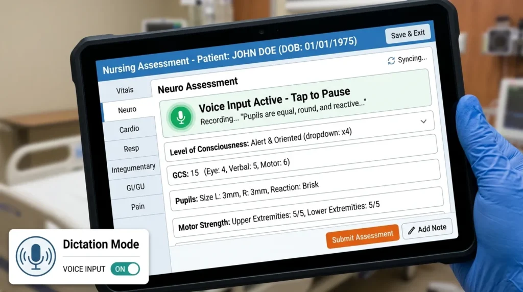 EHR bedside tablet showing nursing assessment interface with voice input option