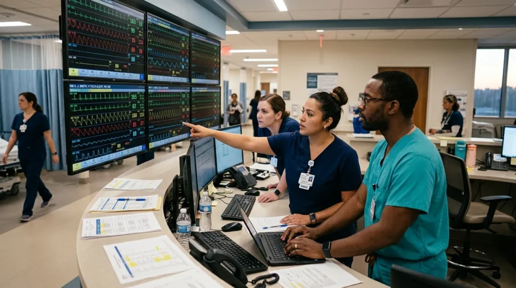 Emergency Department nurses monitoring a central telemetry dashboard