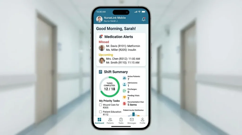  Example of nursing mobile app dashboard showing medication alerts and shift summary